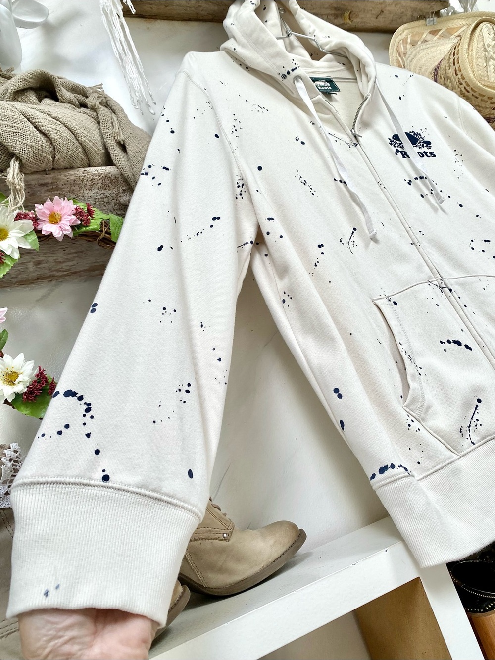 ROOTS Artisan paint splatter full zip kanga hoody cottagecore cabin vacay vibe - Picture 10 of 16